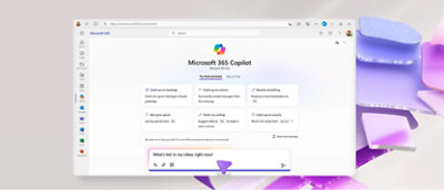  Microsoft 365 Copilot 網頁在淺紫色背景上顯示功能和文字提示。