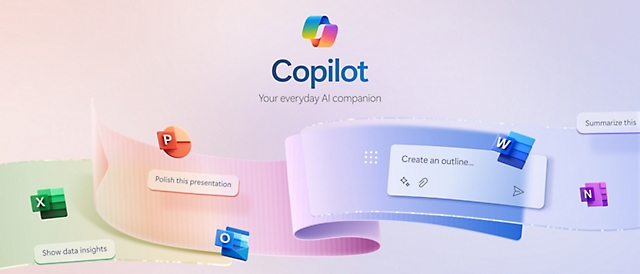 Copilot-Logo auf einem animierten Landschaftshintergrund.