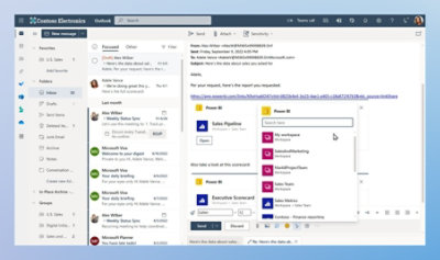 Zrzut ekranu przedstawiający użytkownika osadzającego raport usługi Power BI w wiadomości e-mail w programie Outlook