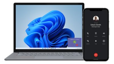 A laptop with a blue swirl wallpaper is next to a smartphone displaying an incoming voice call from "Edwin Smith"