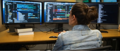 En kvinde, der kigger på en computerskærm.