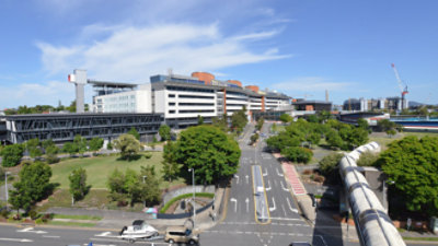 Route avec des arbres et des bâtiments en arrière-plan