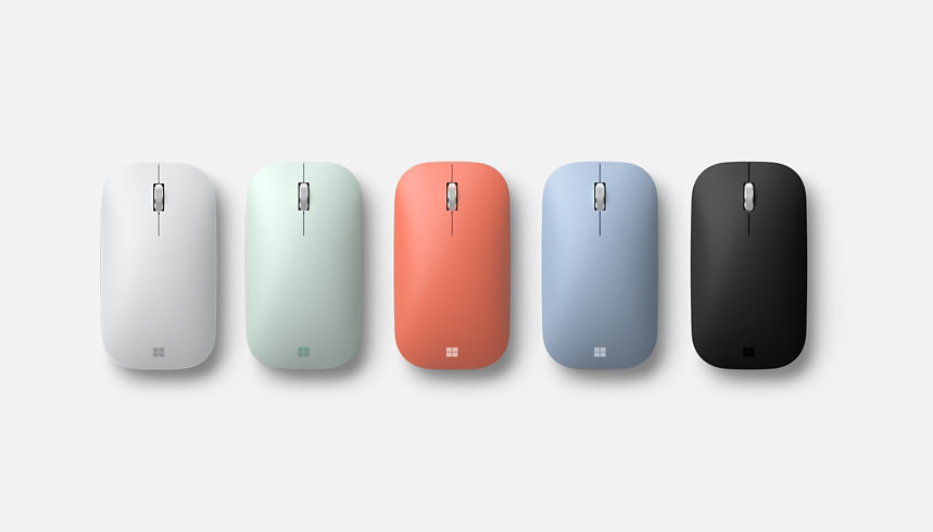 A Microsoft Modern Mobile Mouse in various colors