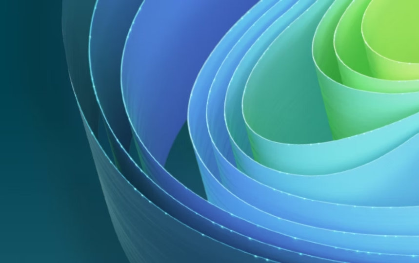 Ein dekoratives Bild mit hauptsächlich gelben, blauen und grünen Bändern