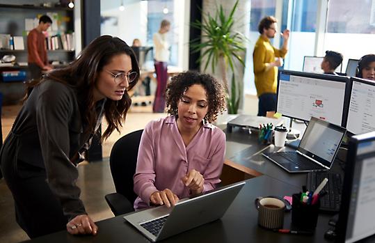 Zwei Mitarbeiter in einer Büroumgebung diskutieren während sie in einen Laptop sehen
