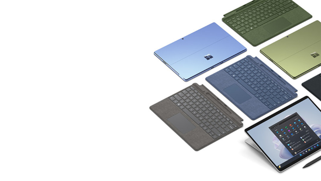 さまざまなカラーの Surface Pro 9 と Surface Signature キーボード