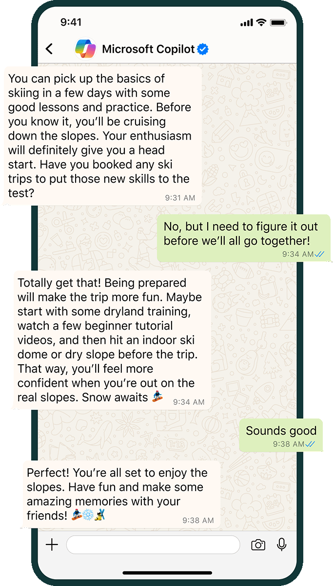 A WhatsApp Copilot chat window showing a question-and-answer exchange.