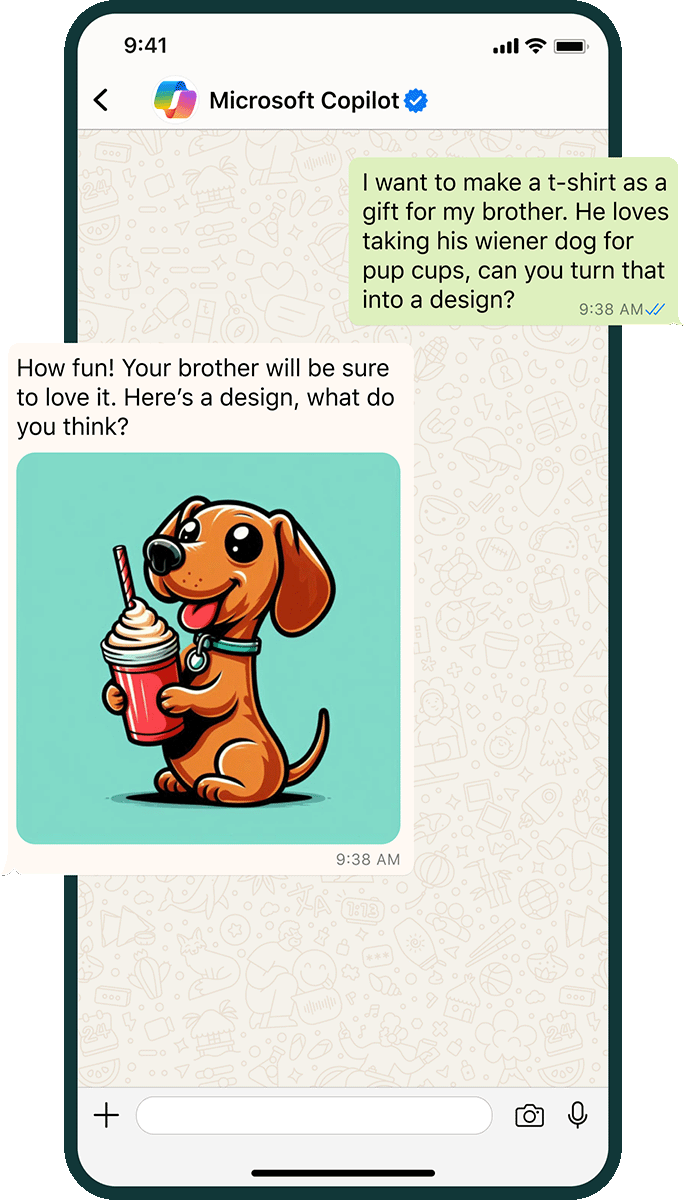 A WhatsApp Copilot chat window showing an image generated based on a text prompt.