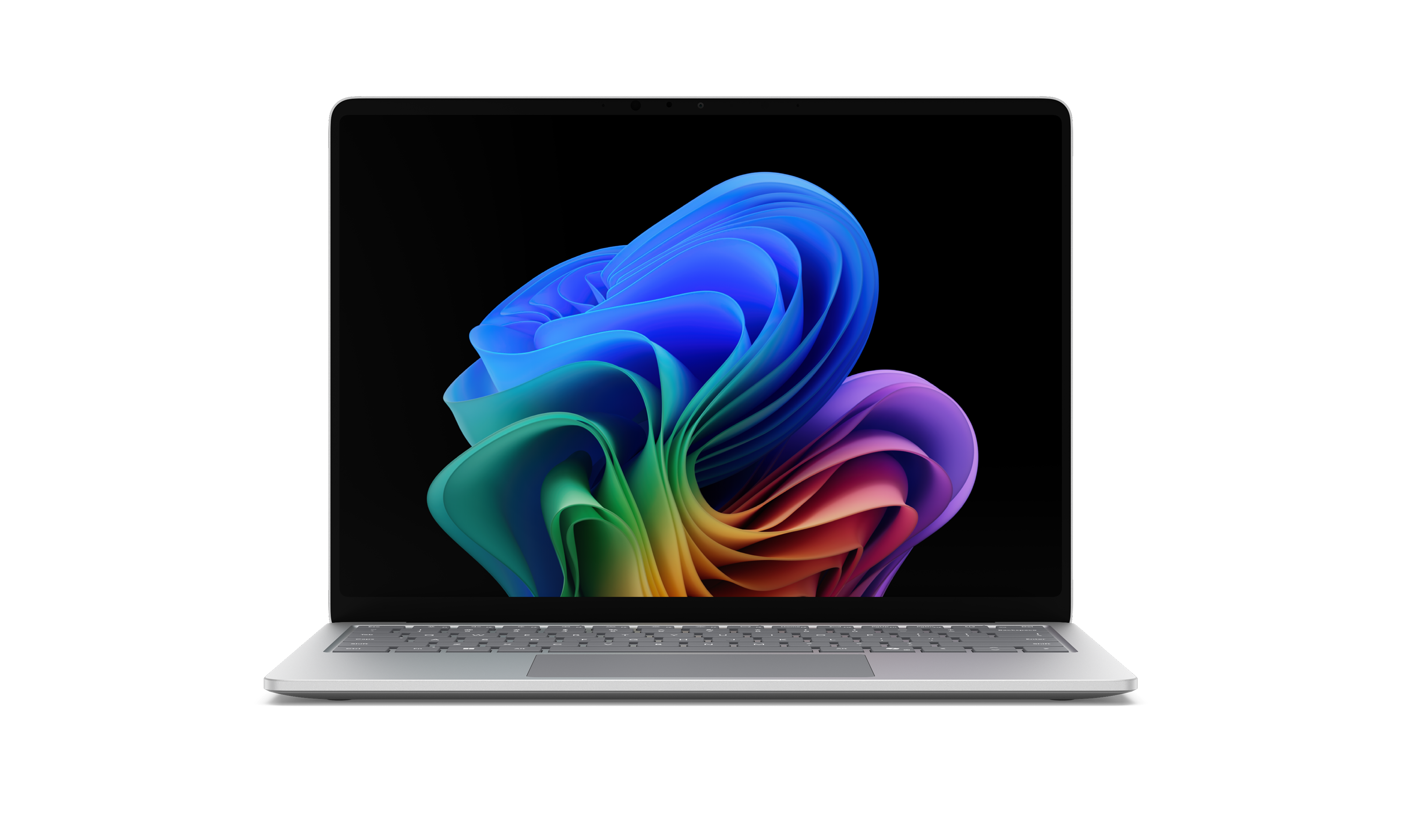 An open new generation Surface Laptop facing forward displaying the rainbow bloom image