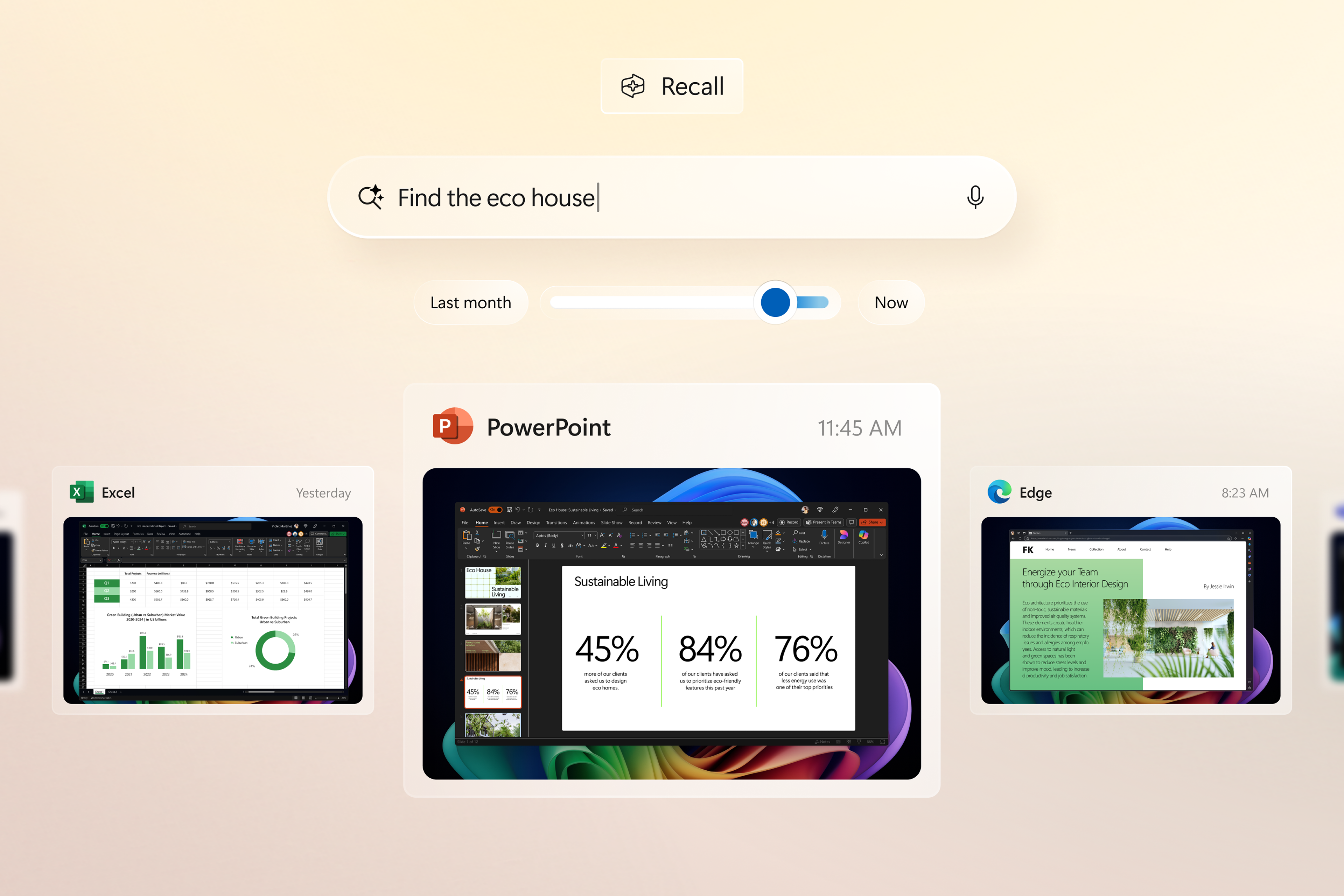 Image conceptuelle montrant la fonctionnalité Retrouver utilisée pour récupérer du contenu à partir d'écrans d'ordinateurs portables Excel, PowerPoint et Edge sur fond pêche dégradé.