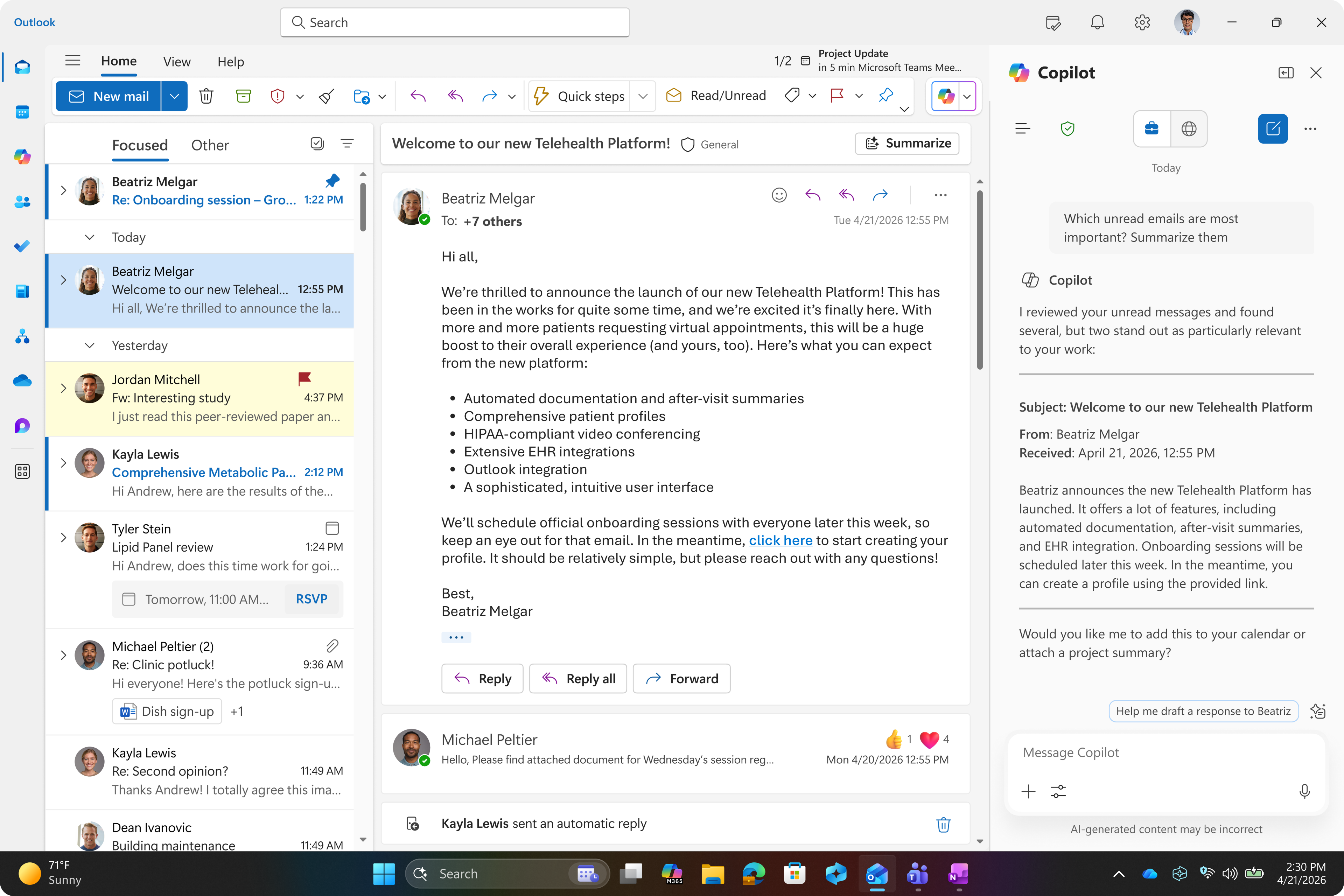 Une image en plein écran qui montre Outlook et les applications Microsoft 365 avec l'assistance Copilot