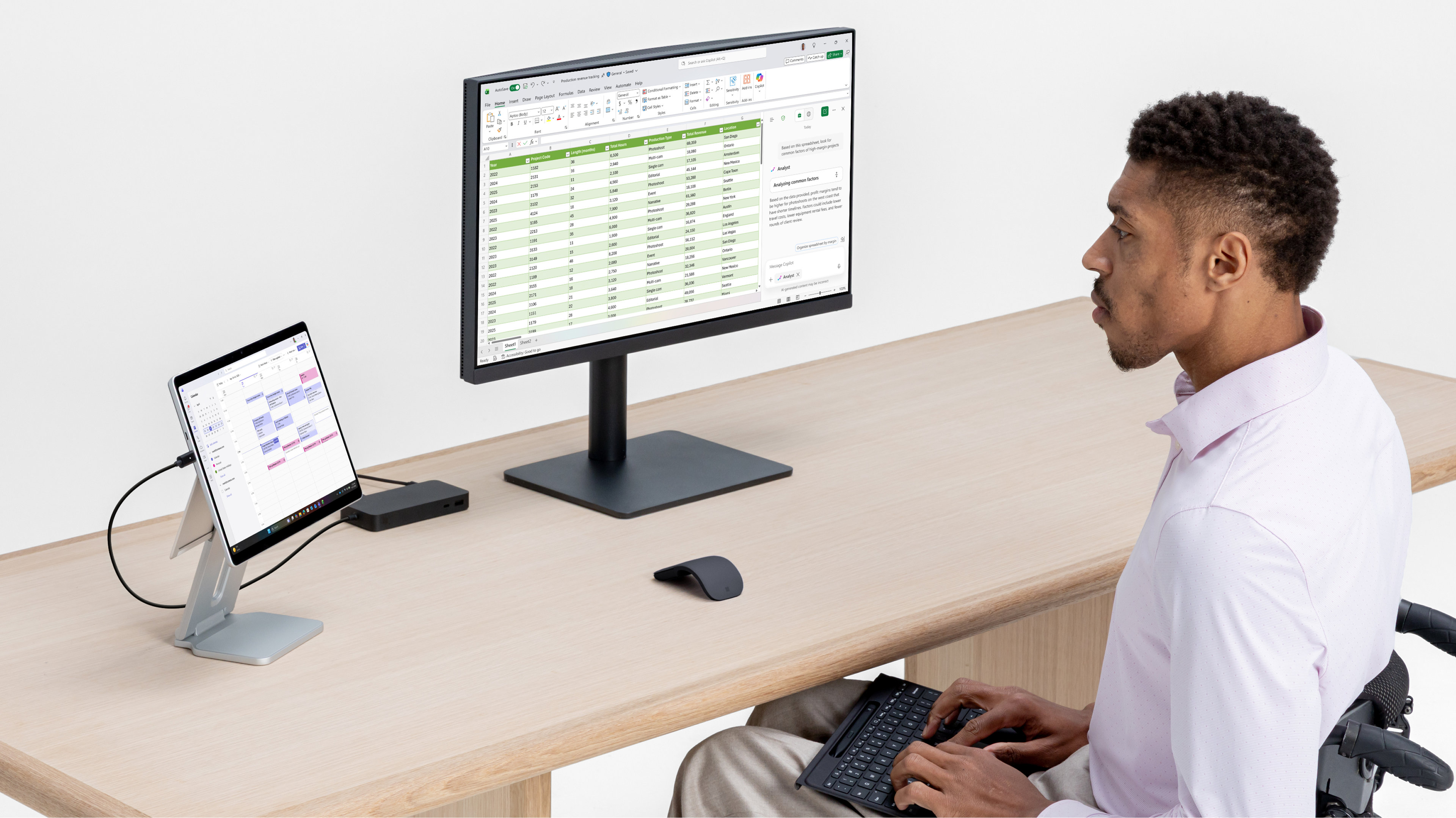 Un employé de bureau assis à un bureau avec un appareil Windows 11 Professionnel sur un support, un grand écran externe et un clavier séparé, une souris.