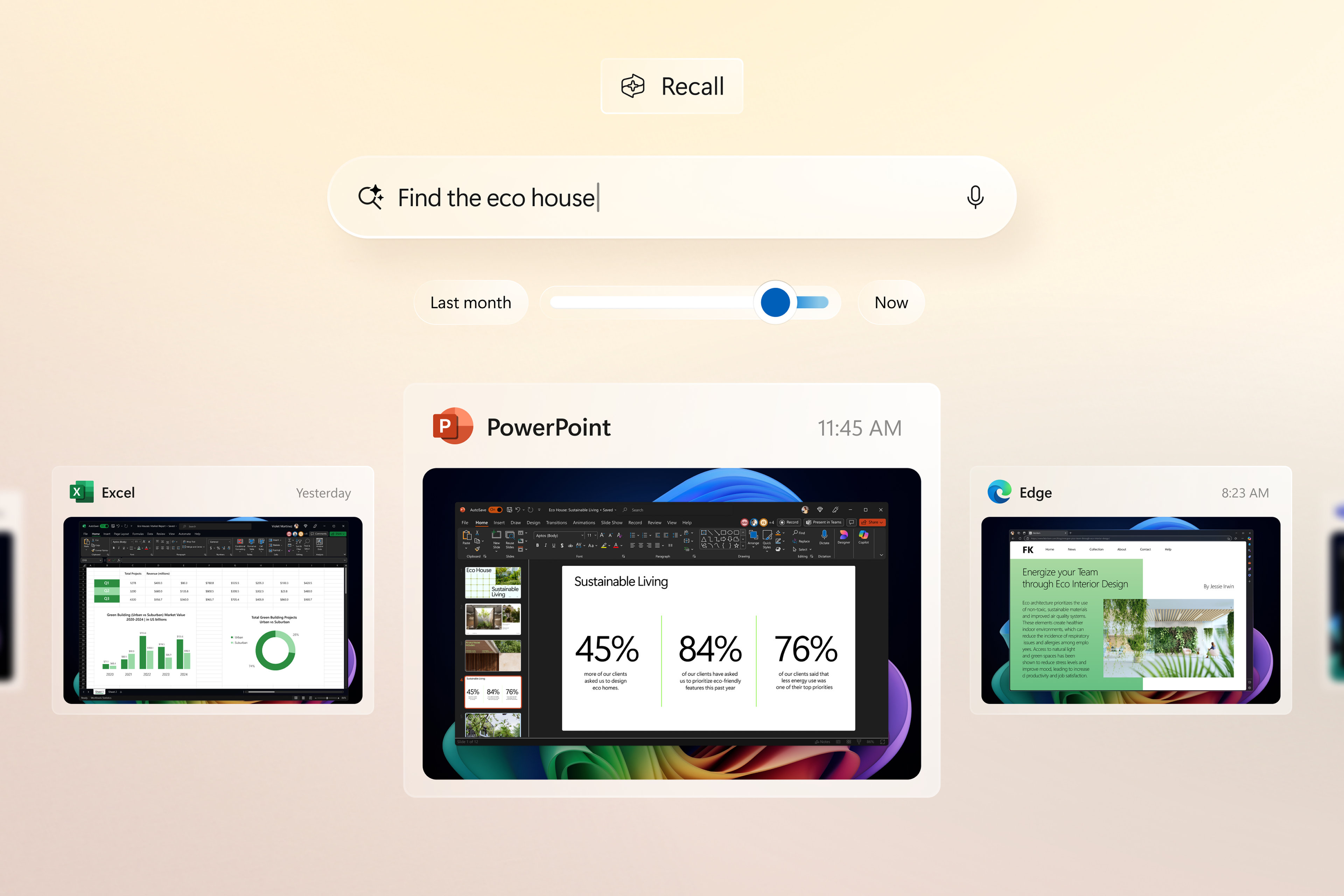 Image conceptuelle montrant la fonctionnalité Retrouver utilisée pour récupérer du contenu à partir d'écrans d'ordinateurs portables Excel, PowerPoint et Edge sur fond pêche dégradé.