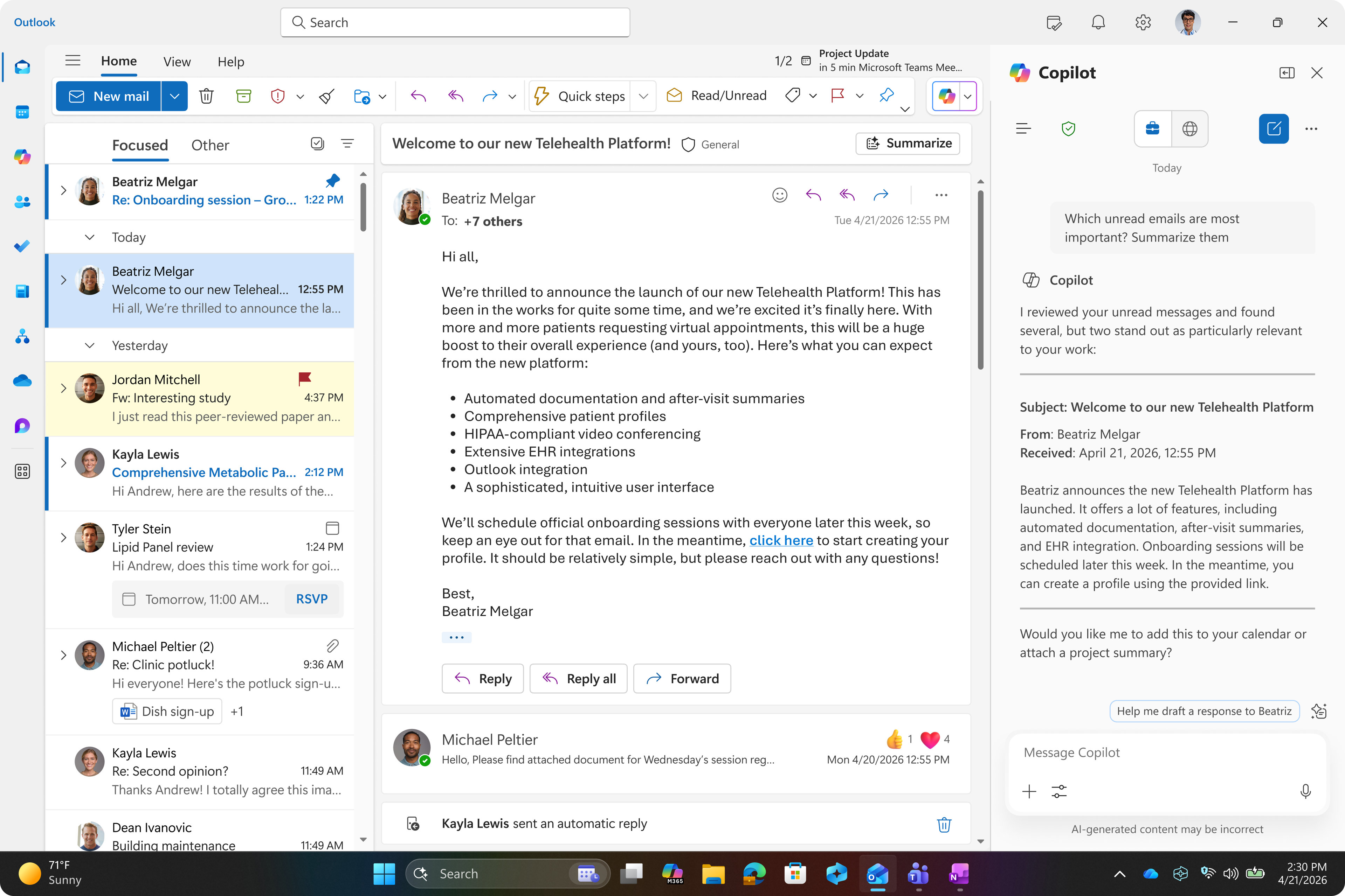 Une image en plein écran qui montre Outlook et les applications Microsoft 365 avec l'assistance Copilot