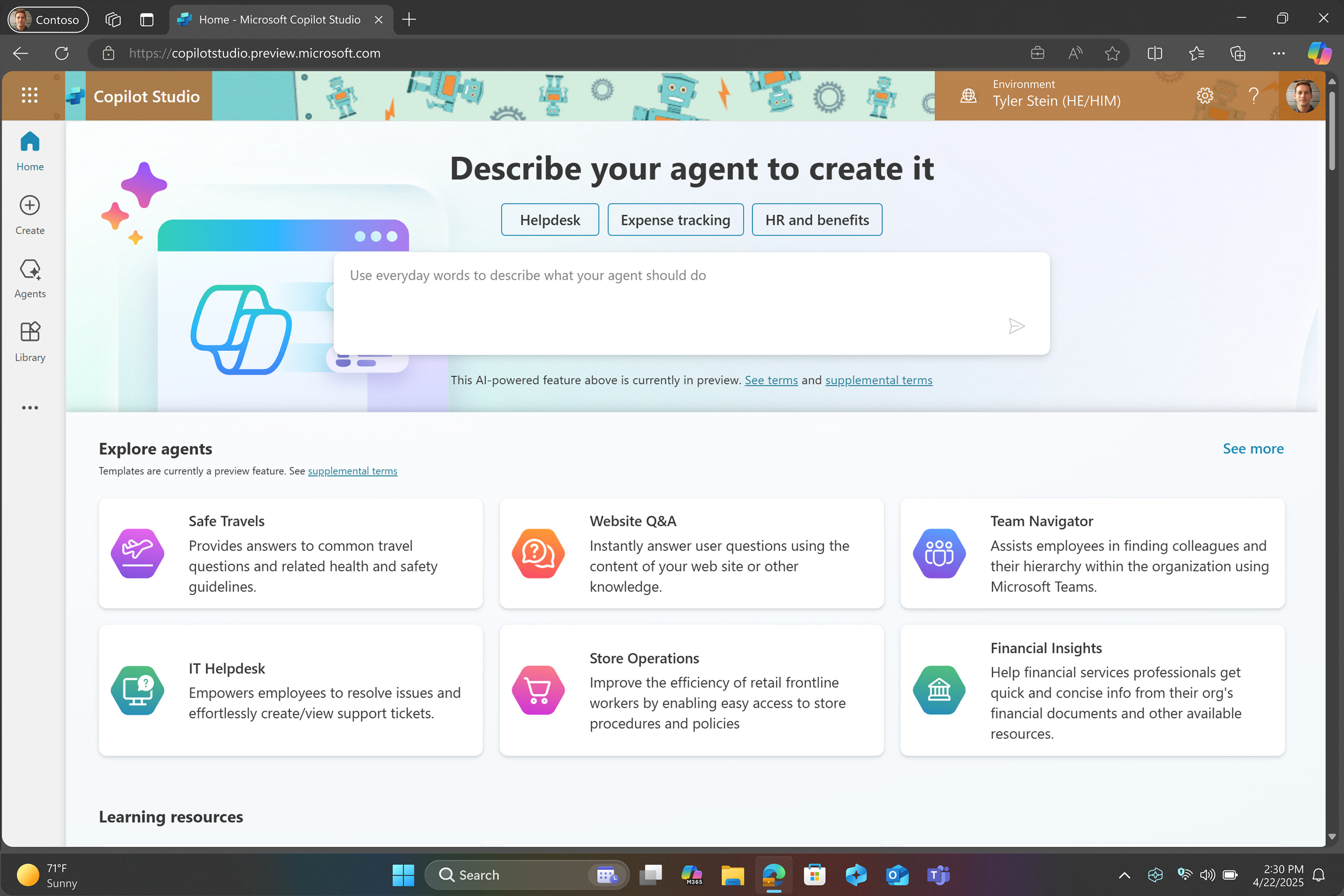 Capture d'écran complète montrant Copilot Studio avec l'écran d'accueil Décrivez votre agent pour le créer, ainsi qu'une liste d'autres modèles d'agent que vous pouvez utiliser.