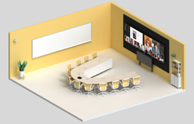 A large conference room with 12 seats and three screens showing a Teams call in Together mode, a presentation, and notes.