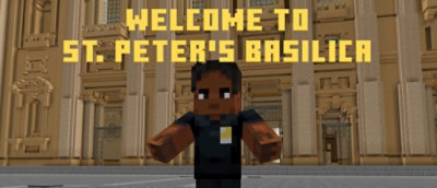 Slika s crtežom i natpisom „Dobro došli u Baziliku SVETOG PETRA”