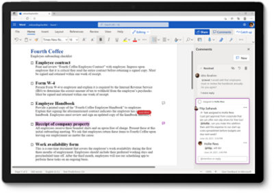 A tablet displaying an employee onboarding checklist in Word and multiple people collaborating on the document in real time through the comments.