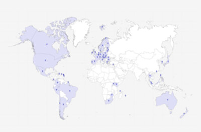 A world map with various countries shaded in blue and markers indicating specific locations across different continents.