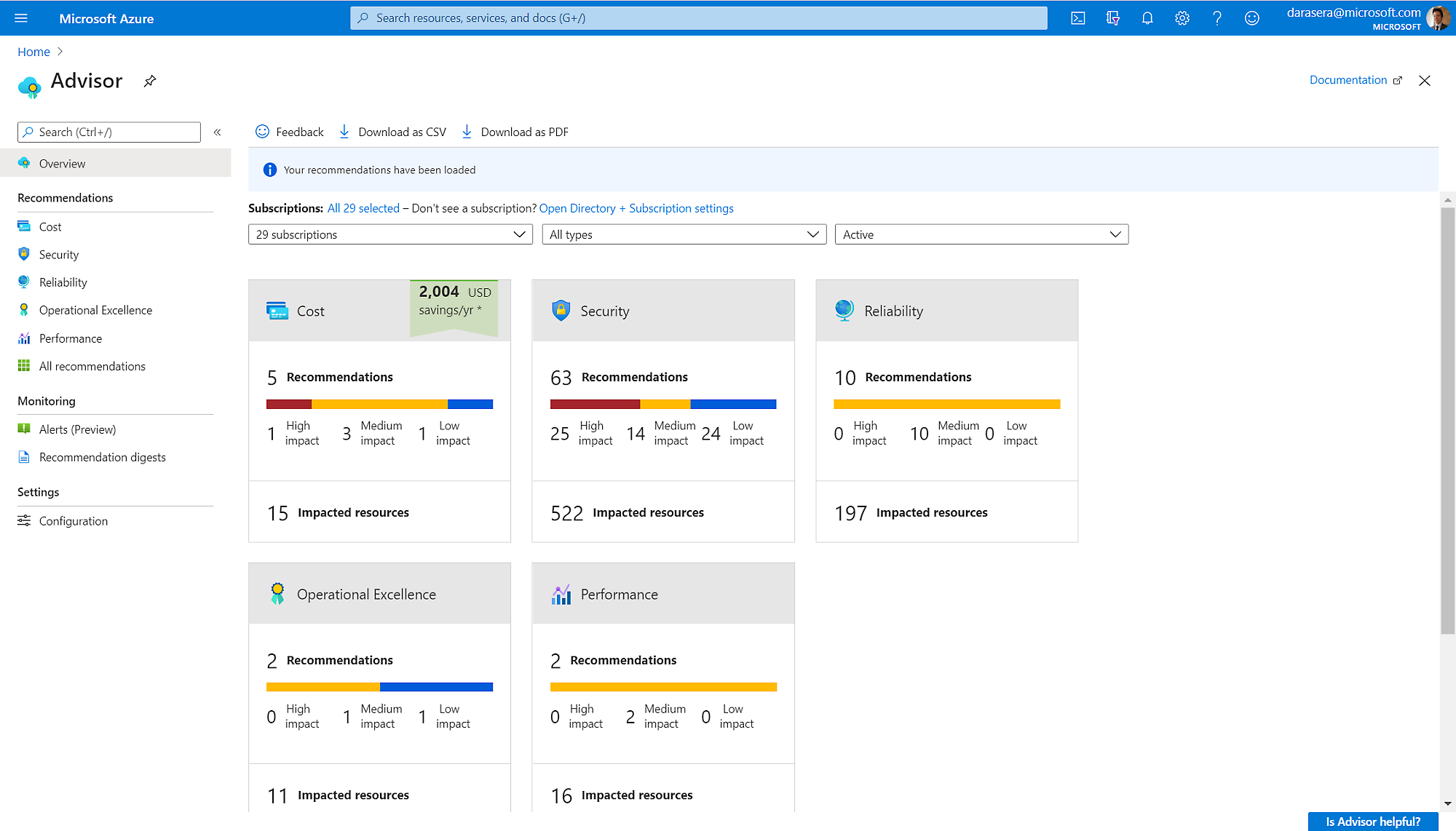An overview of an account in Azure Advisor.