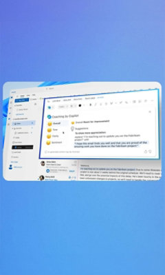 A blue screen with an email on it and a dialog box for copilot.