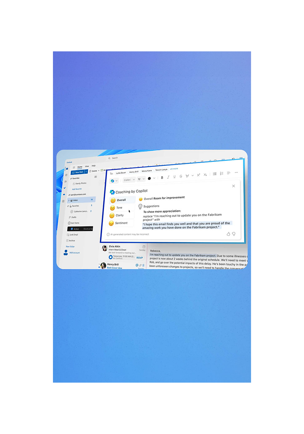 一個藍屏，上面有一封電子郵件和一個 Copilot 對話框。
