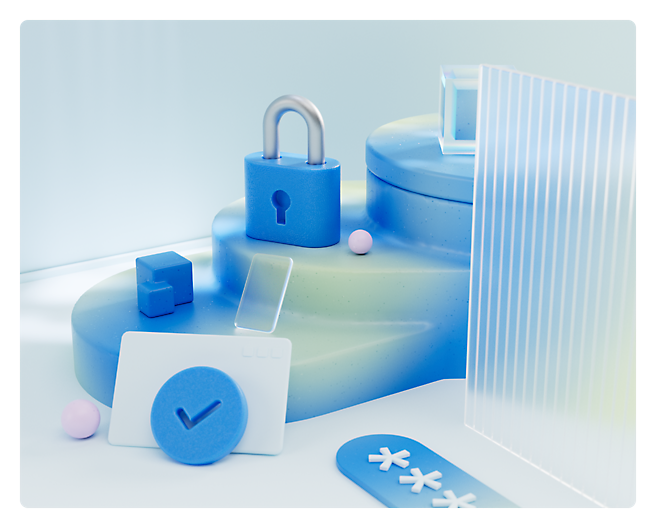 An image of 3D shapes, including a lock and a checkmark and an obscured password