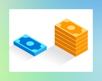 Illustration of a single blue banknote next to a tall stack of yellow banknotes on a gradient background.