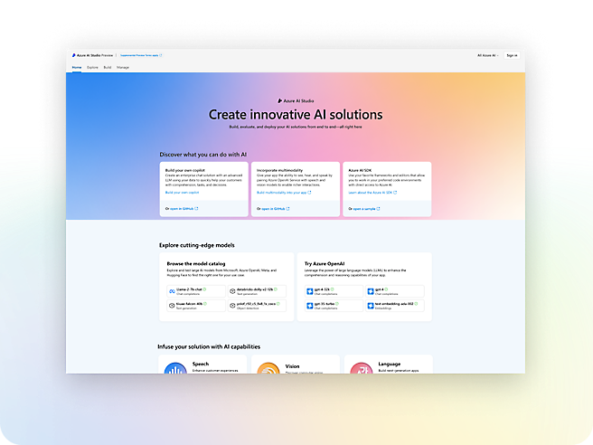 Azure Yapay Zeka Stüdyosu için çeşitli seçenekler içeren bir giriş sayfası.