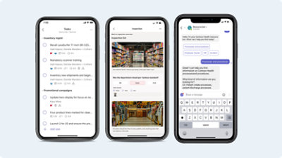 Drie iPhones met een boodschappenlijst op het scherm.