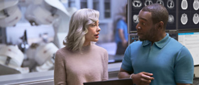 A man and woman talking.