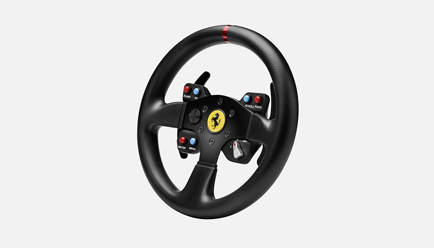 A steering wheel game controller.