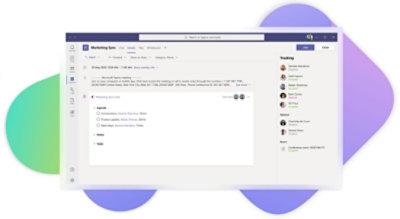 Detaljer for et marketingsynkroniseringsmøde i Teams, der har en dagsorden og en OneNote-fil vedhæftet.