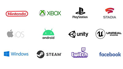 Una pared de logotipos para Nintendo, XBOX, PlayStation, Stadia, iOS, Android, Unity, Unreal Engine, Windows, Steam, Twitch y Facebook 