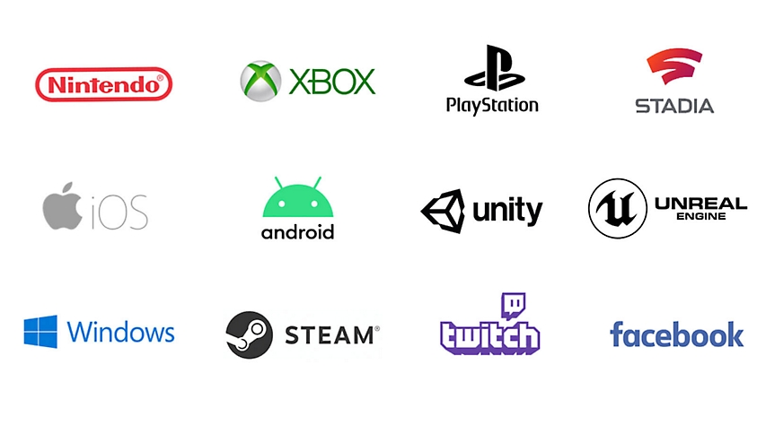 Een muur met logo's voor Nintendo, XBOX, PlayStation, Stadia, iOS, Android, unity, Unreal Engine, Windows, Steam, Twitch en Facebook 
