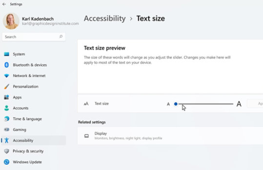 Schermata sulle dimensioni del testo nella scheda Accessibilità in Impostazioni di Windows