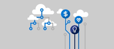 A diagram of a cloud computing system with blue and white clouds and symbols.