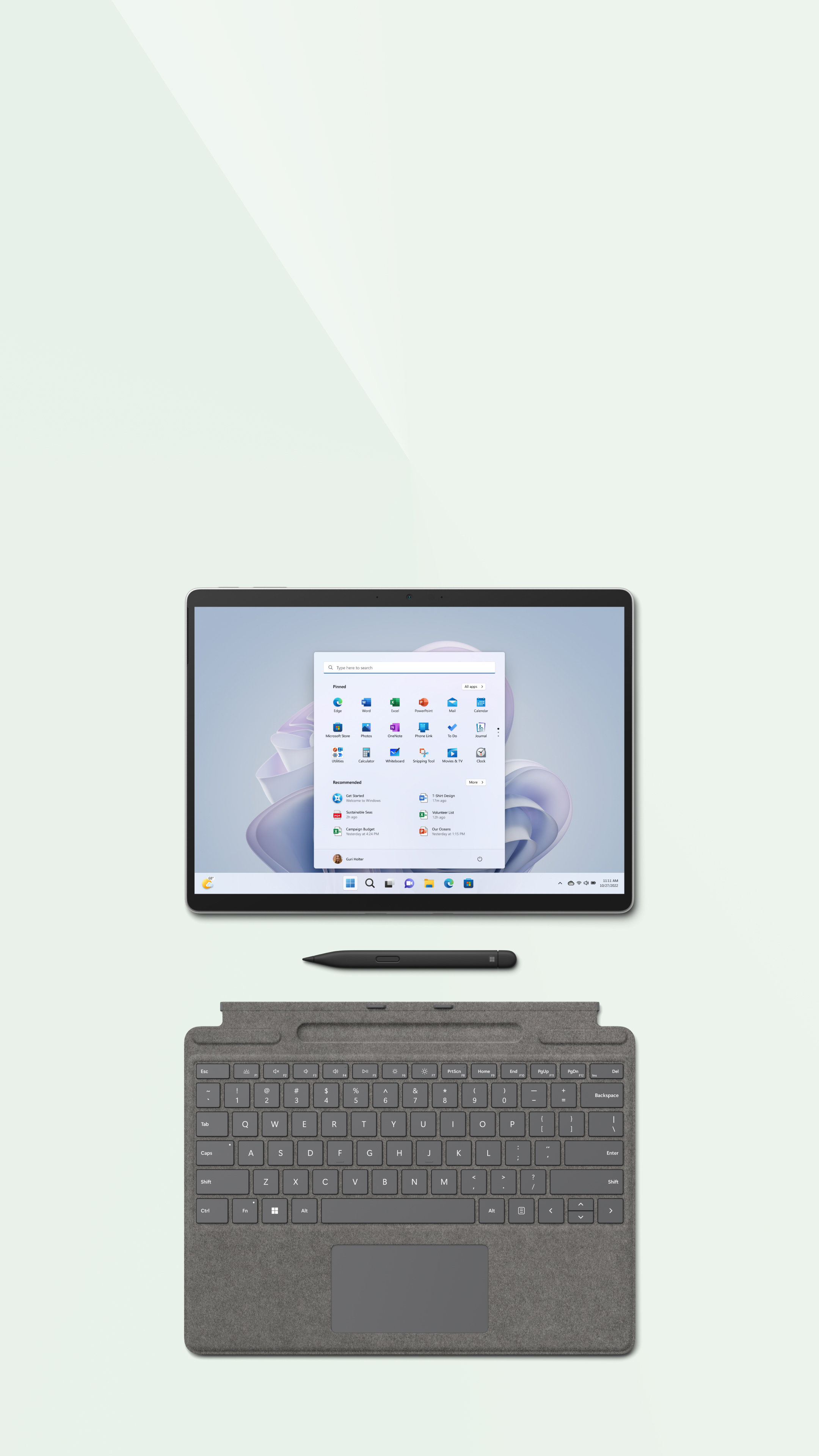 Surface Pro 9 in Platinum with a Windows 11 Start screen shown from above with detached keyboard and Slim Pen 2 on a sage background.