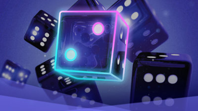 A neon-lit dice partly transparent with inner lights, surrounded by various other dice in mid-air 