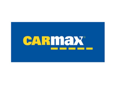 Logo of CarMax with yellow text on a blue background.