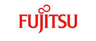 Fujitsu company logo in red lettering.