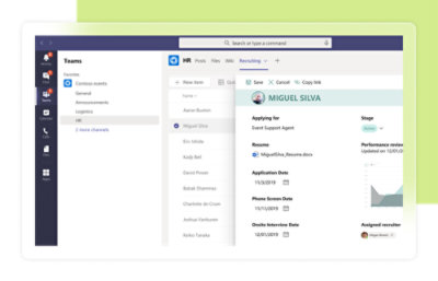Recorte de pantalla de una interfaz de Microsoft Teams mostrando los canales de RR. HH. y Reclutamiento. El perfil del candidato Miguel Silva está abierto