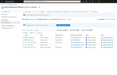 Un usuario al que se le solicita que valide las dependencias en Azure Resource Mover 