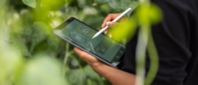 Persona che tiene in mano un tablet con uno stilo.