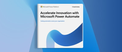"Accelerate Innovation with Microsoft Power Automate" というテキストが書かれた白と青のブック カバー。