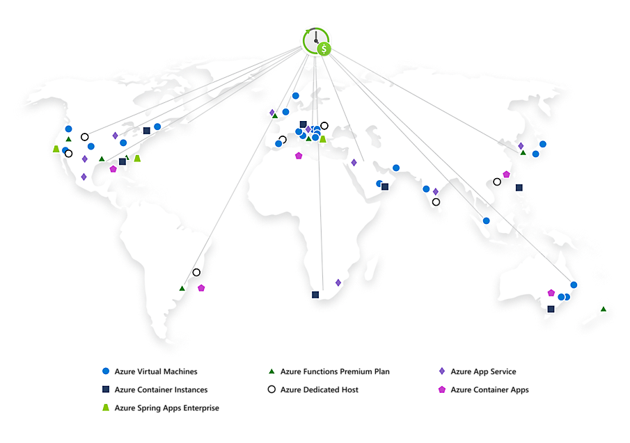 Mapa świata w kolorze białym i szarym z lokalizacjami serwera w chmurze platformy Azure oznaczonymi znacznikami o różnych kształtach na całej mapie