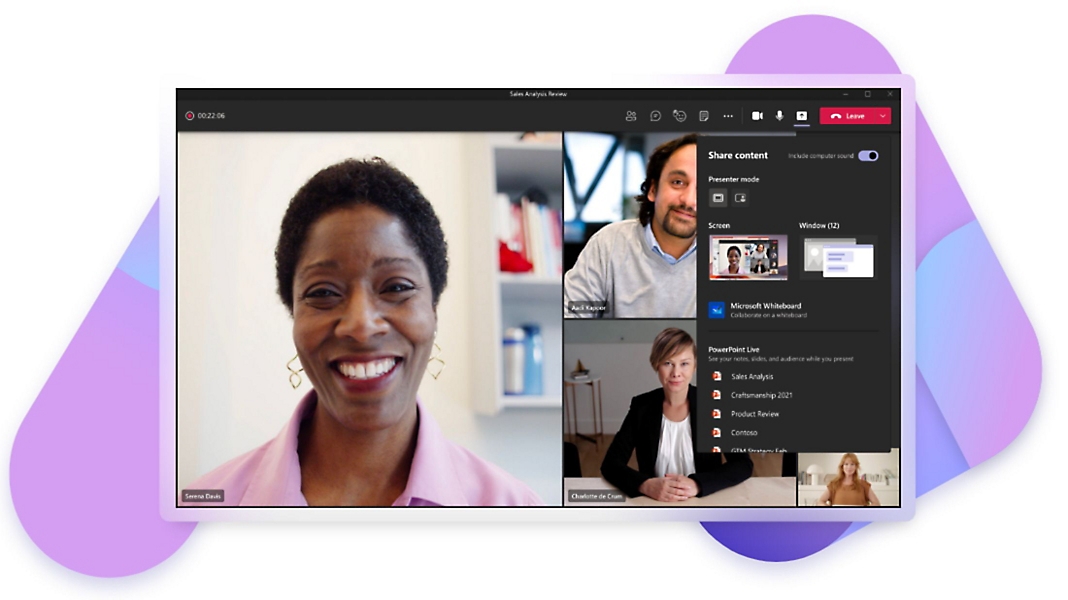 A Teams video call with content sharing options being displayed.