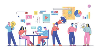 Ilustracija šest osoba koje obavljaju različite aktivnosti, uključujući kodiranje, držanje sijalice, korišćenje megafona