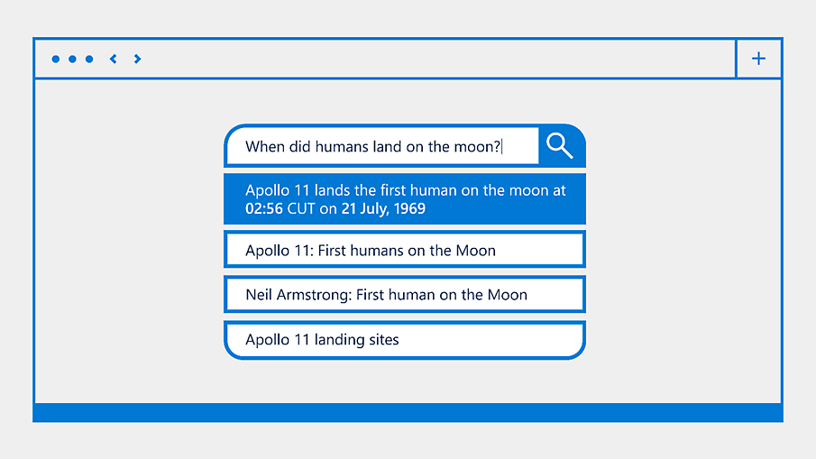 Een afbeelding met een zoekbalk met de meest relevante resultaten op de vraag Wanneer zijn mensen op de maan geland? 