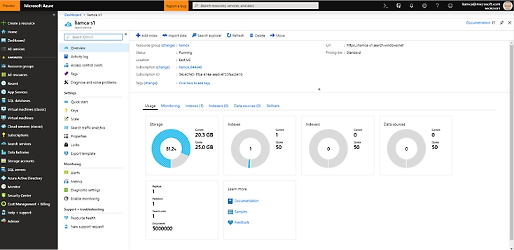 An overview for a search service showing usage data and more in Azure